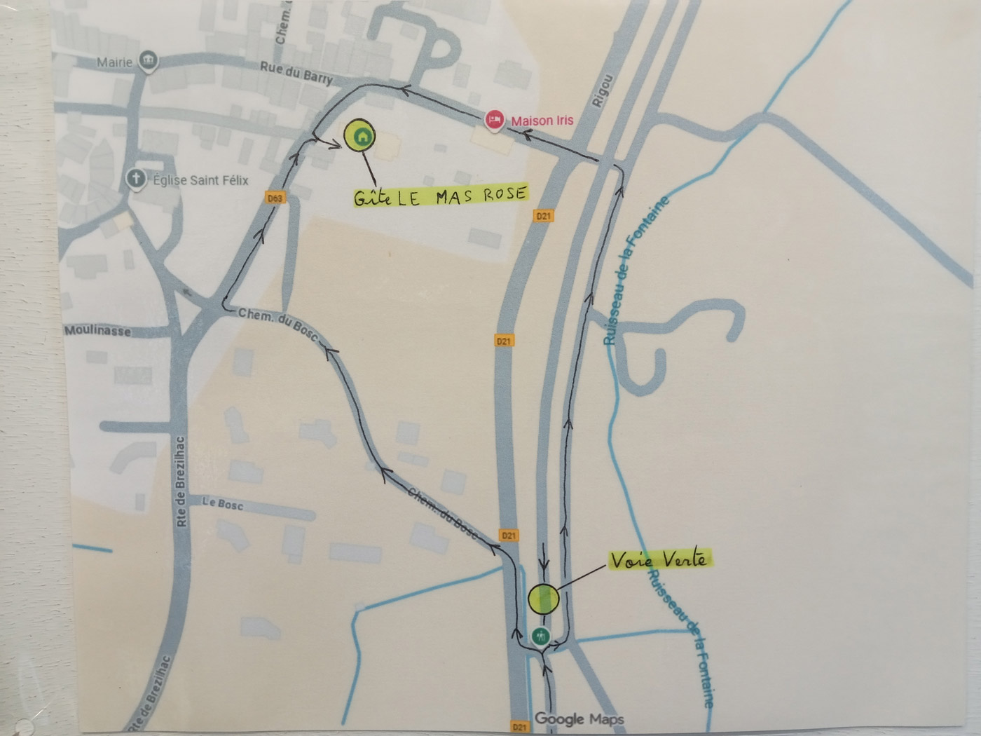 Carte du Mas Rose à la voie verte Chambres d'hôtes Accueil Vélo - Villeneuve-lès-Montréal