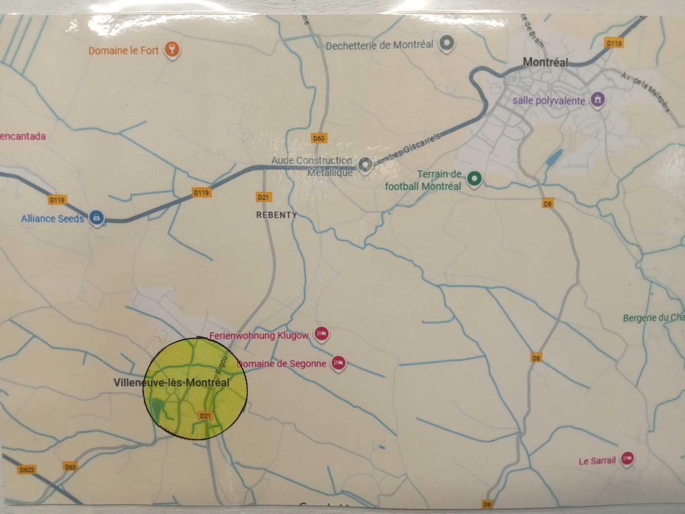 Carte de situation de Villeneuve-lès-Montréal Chambres d'hôtes Accueil Vélo - Villeneuve-lès-Montréal